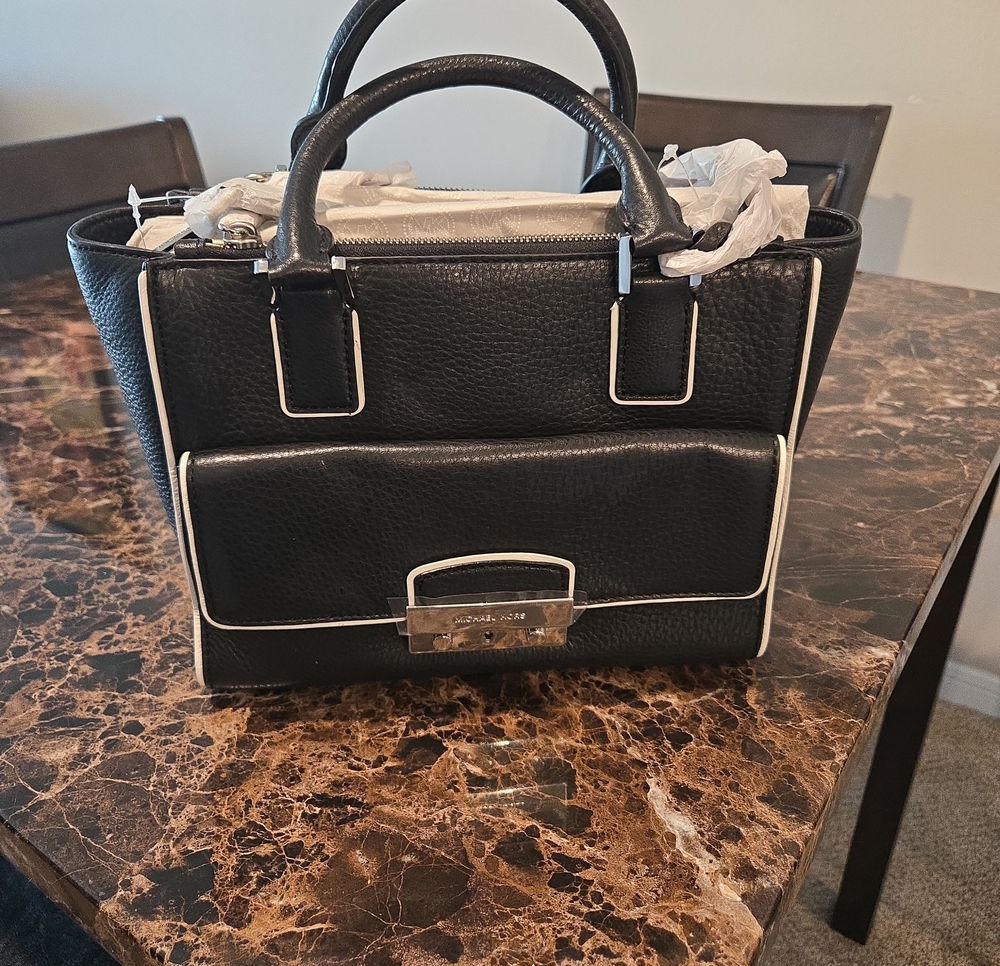 Michael Kors Black Leather Tote with White Piping